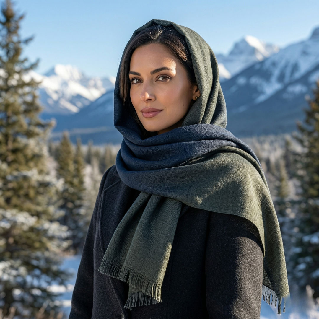Herringbone Colorblock Merino Wool Check Scarf